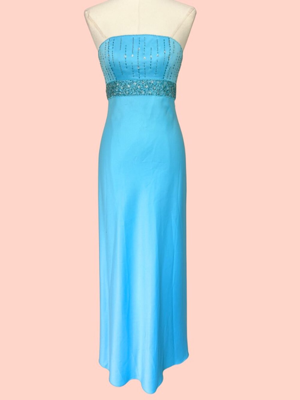 Vintage Y2K Cache Aqua Strapless Beaded Lace Back Prom Dress